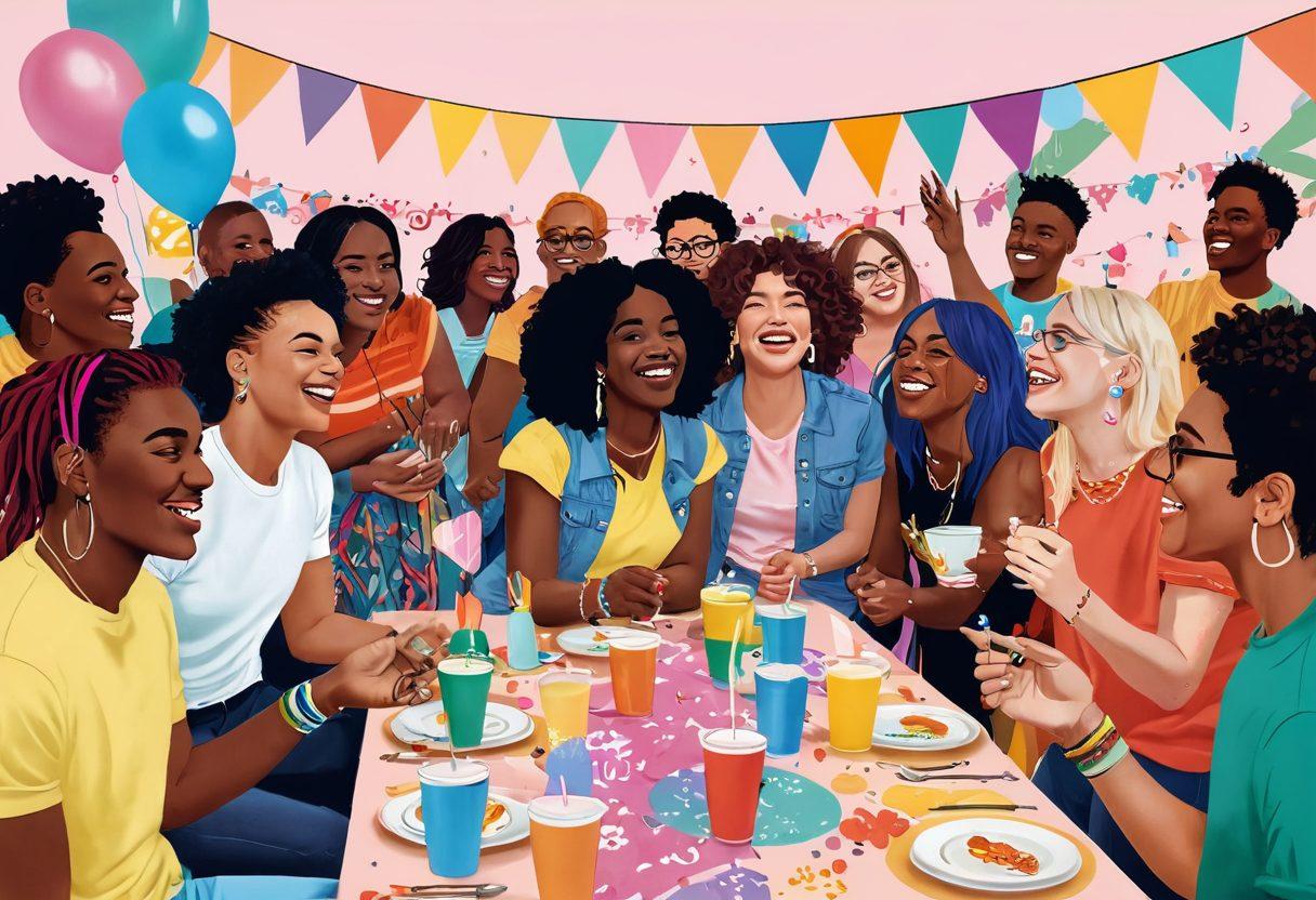 A vibrant gathering scene showcasing diverse transgender individuals joyfully interacting at a lively meetup, adorned with colorful decorations symbolizing inclusivity. Include elements like laughter, music, and creative activities that promote community bonding. Creatively incorporate symbols of pride and acceptance in the background. digital illustration. vibrant colors. inclusive atmosphere.