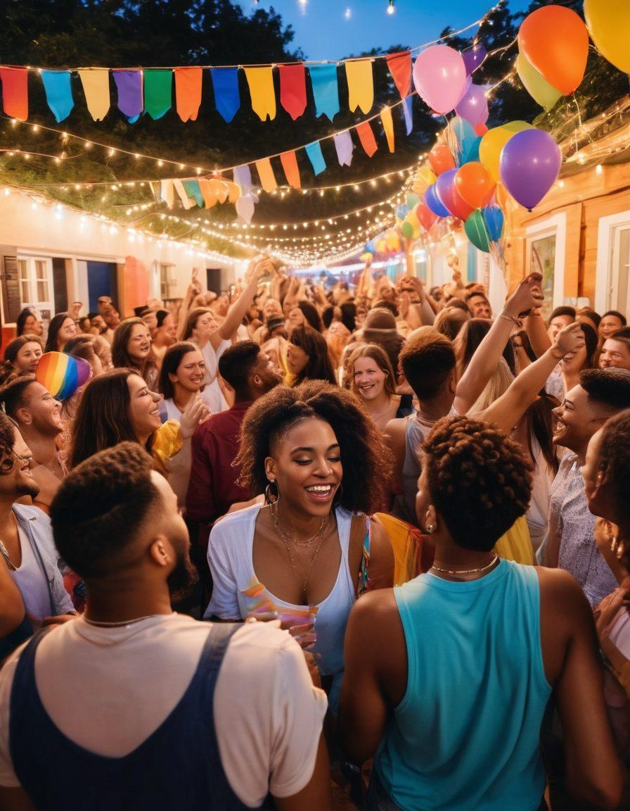 A vibrant scene of a diverse group of people celebrating at a lively outdoor party, adorned with colorful decorations and rainbow flags. Individuals of various identities joyfully interacting, dancing, and sharing laughter, with a backdrop of balloons and twinkling fairy lights. The atmosphere is filled with love, unity, and acceptance, capturing the essence of LGBTQ pride and celebration. super-realistic. vibrant colors. festive atmosphere.