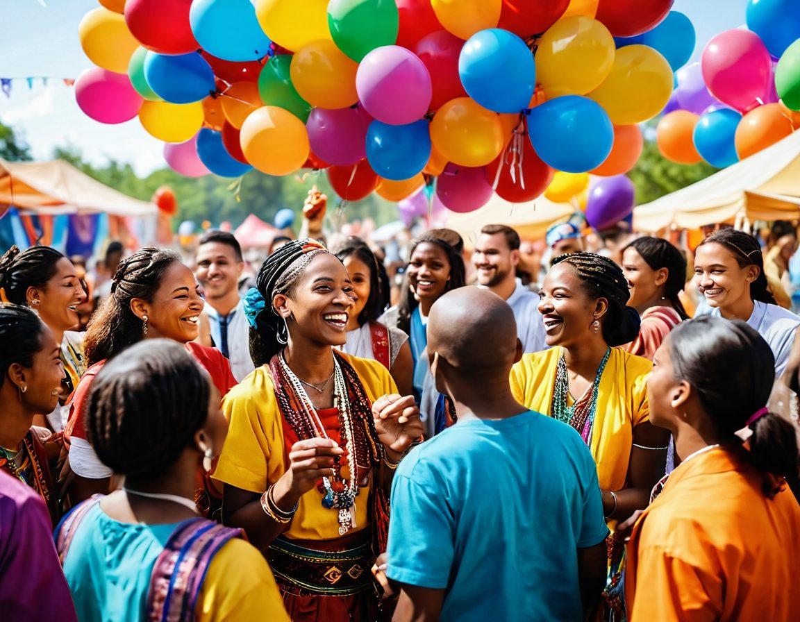 A vibrant celebration scene showcasing diverse people from various cultures joyfully interacting at a colorful outdoor festival. Incorporate traditional decorations and food from different cultures, with balloons and banners that signify unity and diversity. Capture the spirit of togetherness with laughter and music played in the background. super-realistic. vibrant colors. outdoor setting.